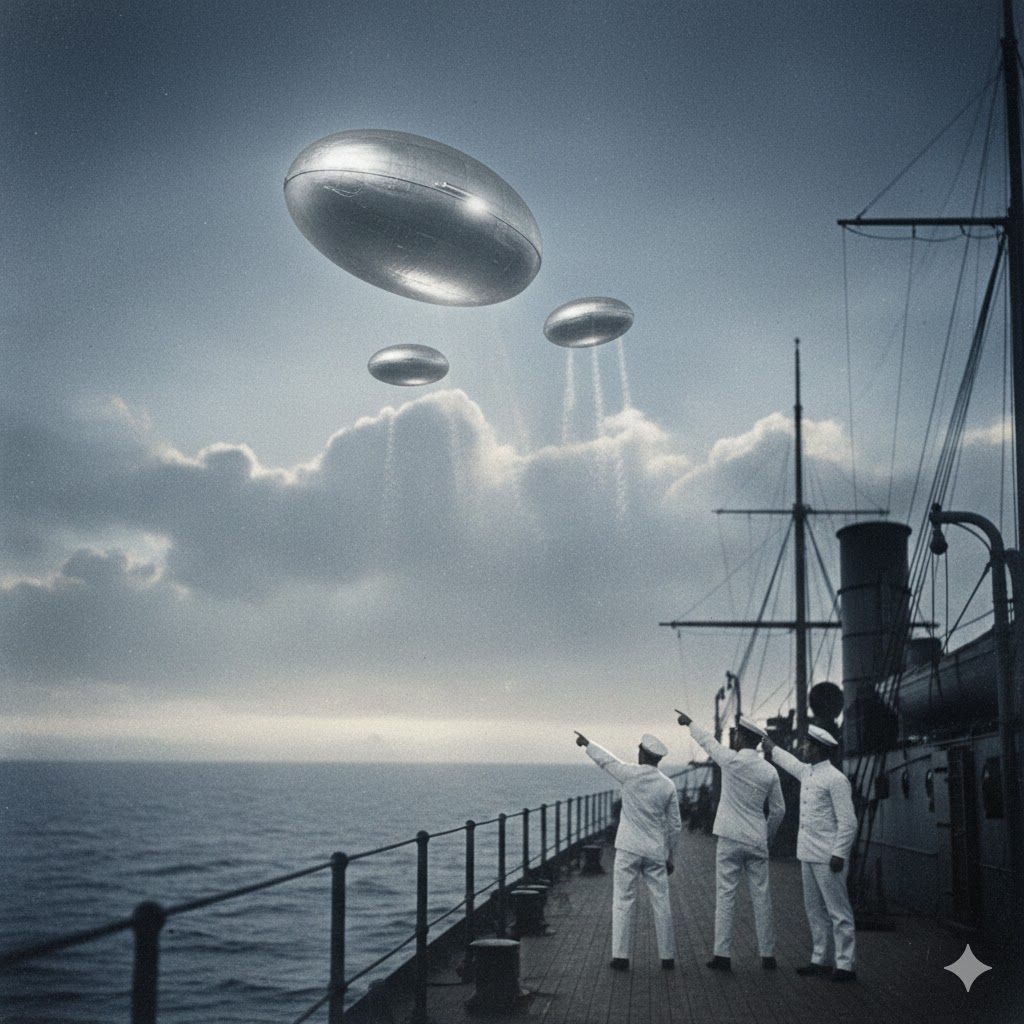 Diagram of the 1904 USS Supply UFO sighting showing three circular objects in echelon formation above a naval ship, as reported in the Monthly Weather Review.