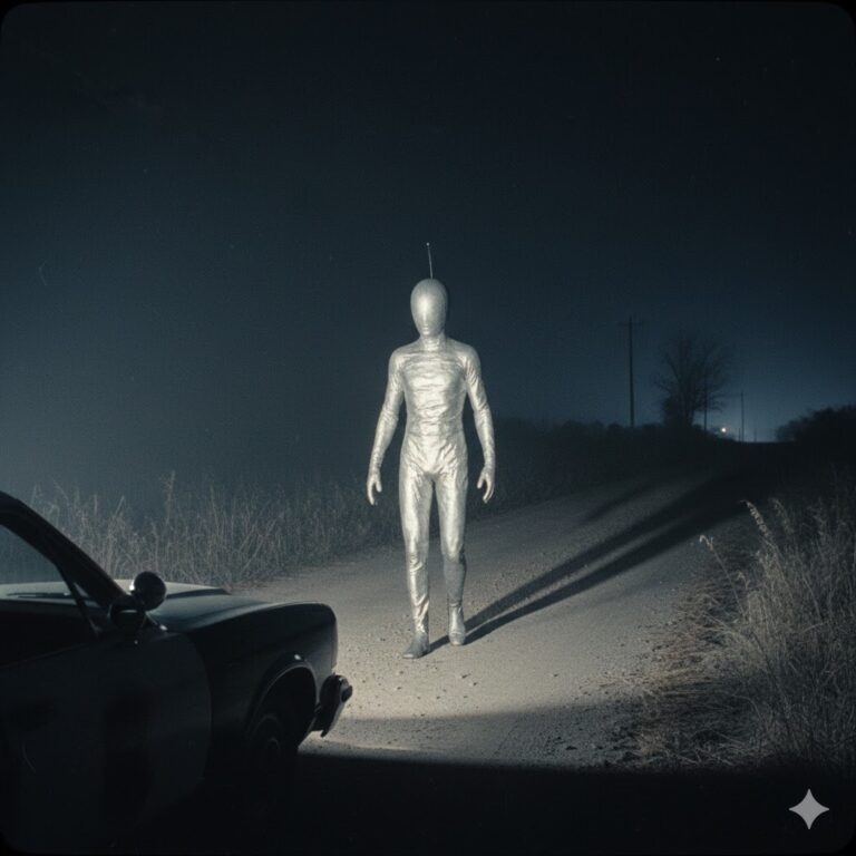 "AI recreation of the 1973 Falkville Alabama tinfoil alien being in the path of a police car headlight".