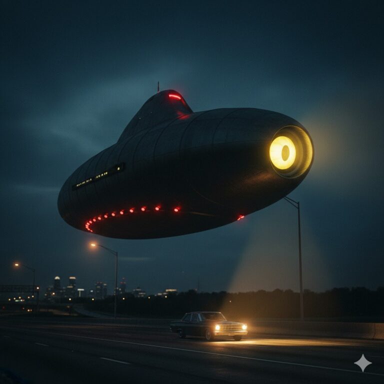 AI recreation of a large oblong submarine-shaped UFO with a revolving yellow eye hovering over a highway