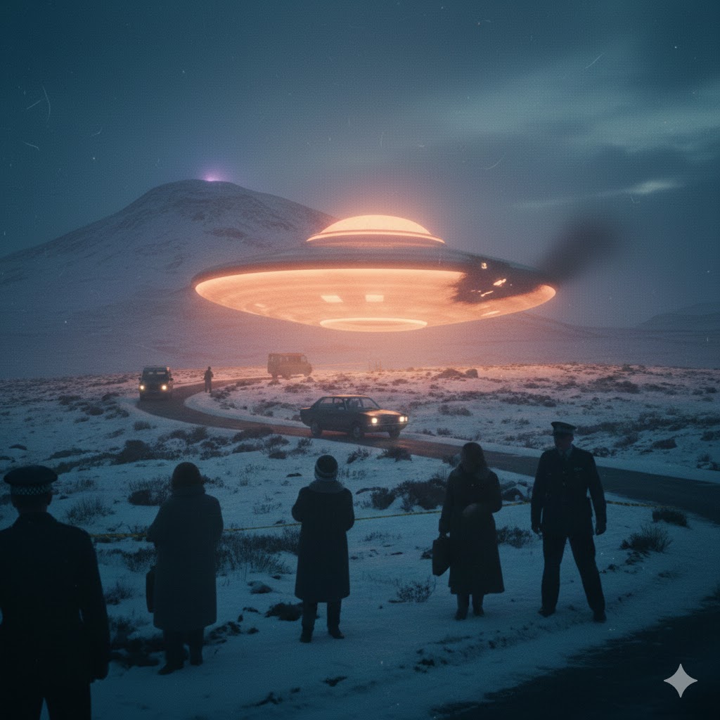 "AI recreation of the 1974 Berwyn Mountains UFO crash showing an orange glowing circular craft on a snowy mountainside with witnesses".