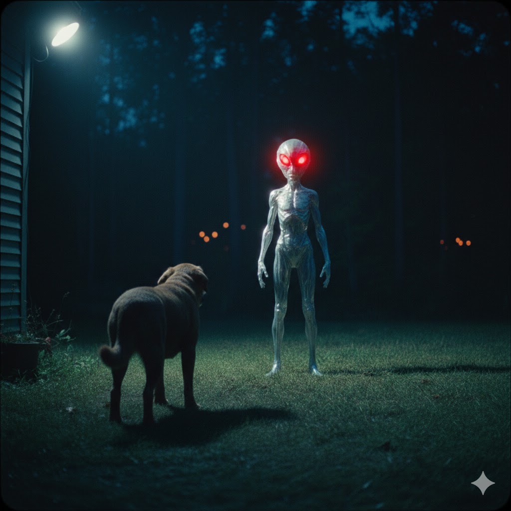 "AI recreation of a 3-foot tall glass-like entity with glowing red eyes standing in a backyard at night facing a dog".