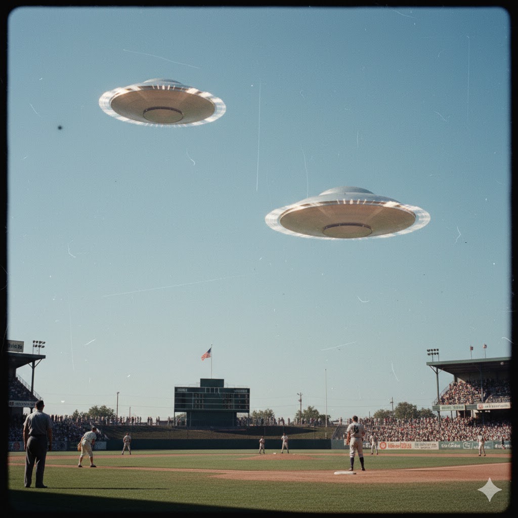 "AI recreation of the 1950 Great Falls Montana UFO sighting showing two silver discs with rotating rims over a baseball stadium".