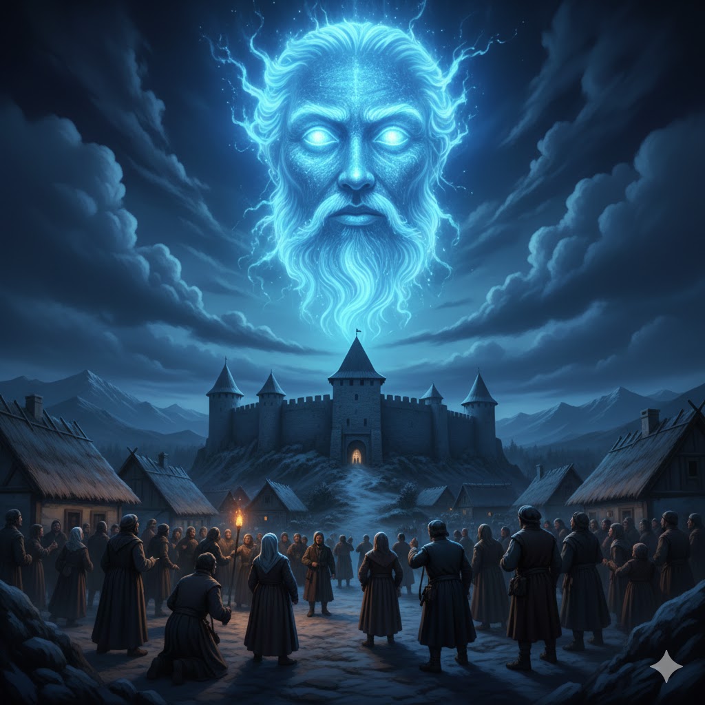 "AI recreation of a glowing blue human face appearing in the night sky over a 16th-century Moldavian fortress with witnesses".