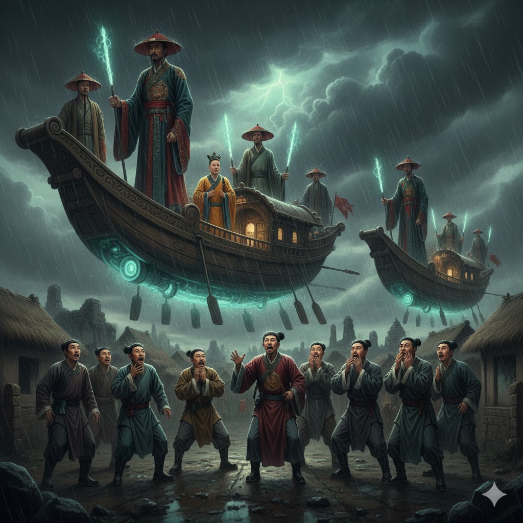 "AI recreation of two ancient Chinese ships flying through storm clouds with tall men in multicolored clothing holding poles over the village of Yugiu".