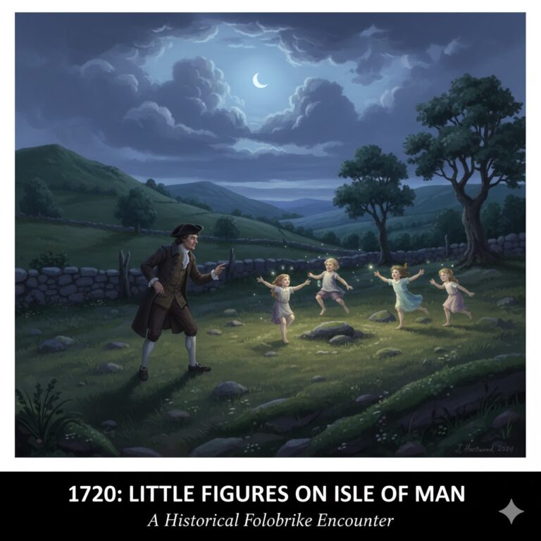 "Artistic depiction of little figures on the Isle of Man, 1720"