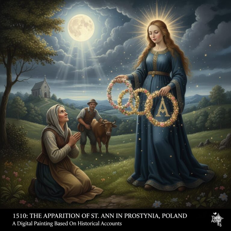 "Historical depiction of the 1510 apparition of St Ann to Małgorzata Baszkowska in Prostynia, Poland".