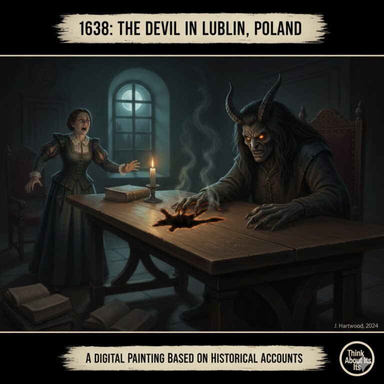 "Artistic depiction of the 1638 Devil encounter and burned handprint in Lublin, Poland".