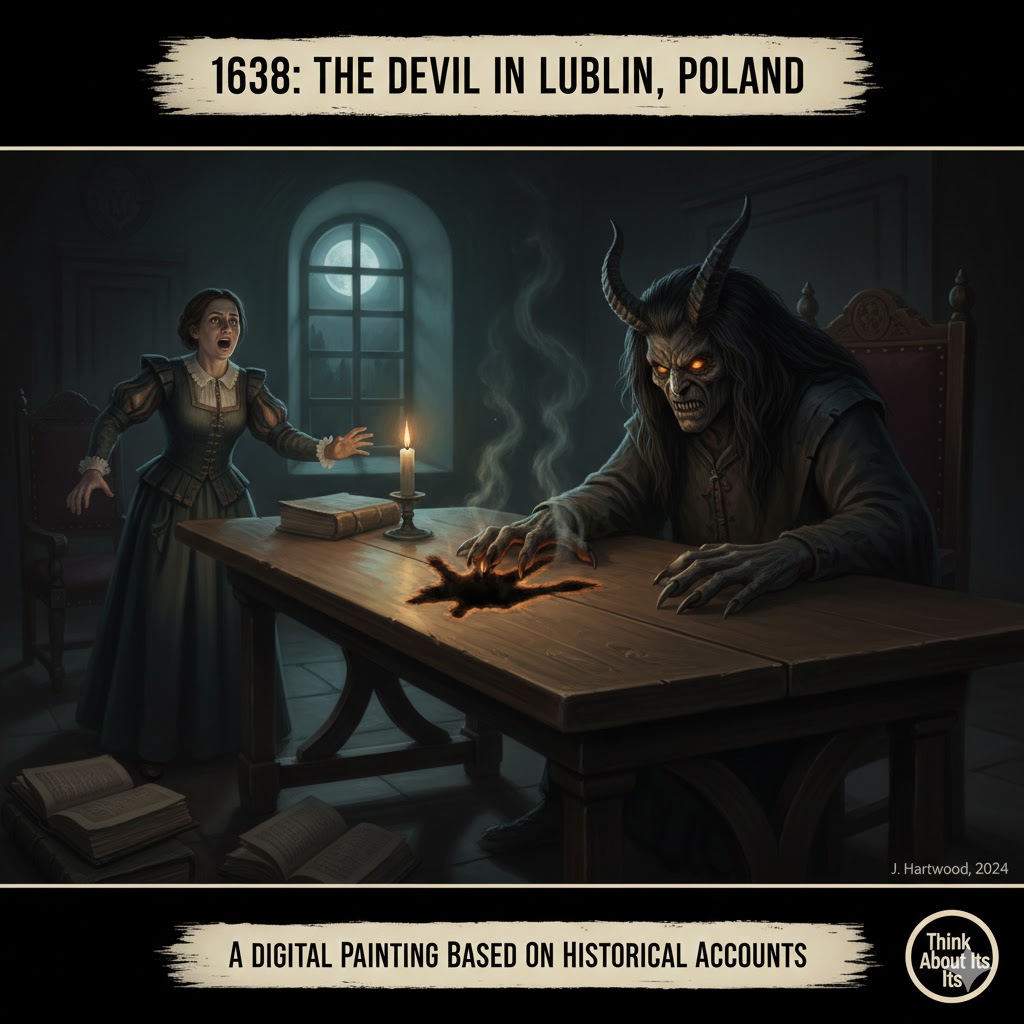 "Artistic depiction of the 1638 Devil encounter and burned handprint in Lublin, Poland".