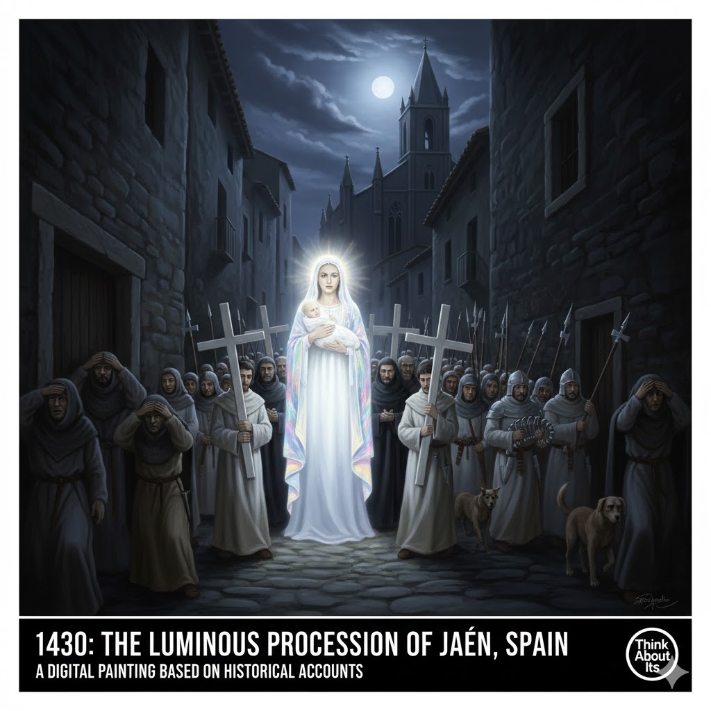 Artistic depiction of the 1430 luminous procession and lady in white in Jaén, Spain