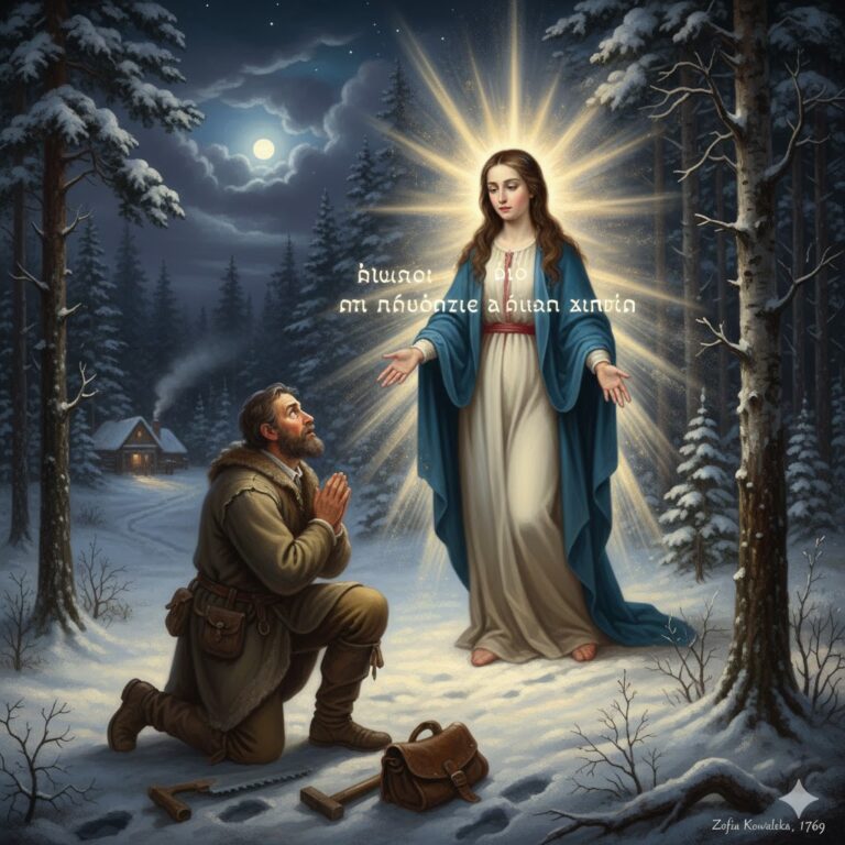 Artistic depiction of the 1769 Virgin Mary apparition to a carpenter in Matemblewo, Poland