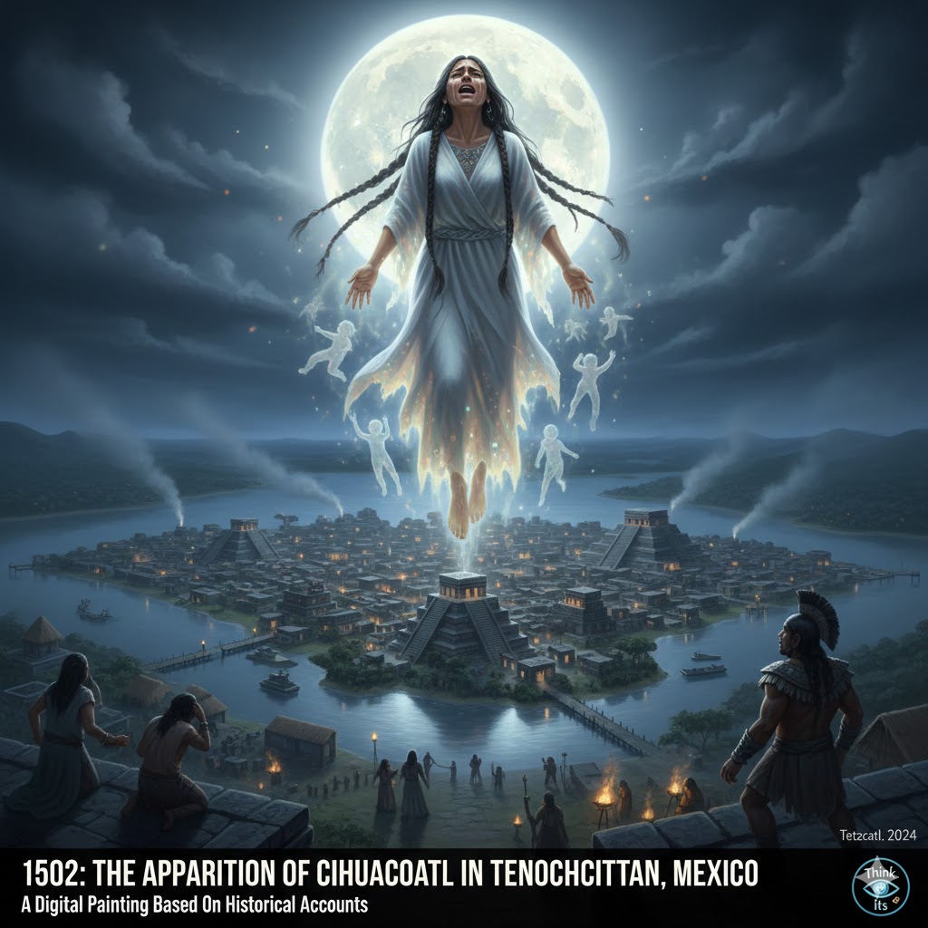 Artistic depiction of the 1502 goddess Cihuacoatl apparition in Tenochtitlan, Mexico