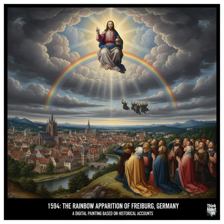 1594 religious sky apparition of Jesus on a rainbow in Freiburg, Germany
