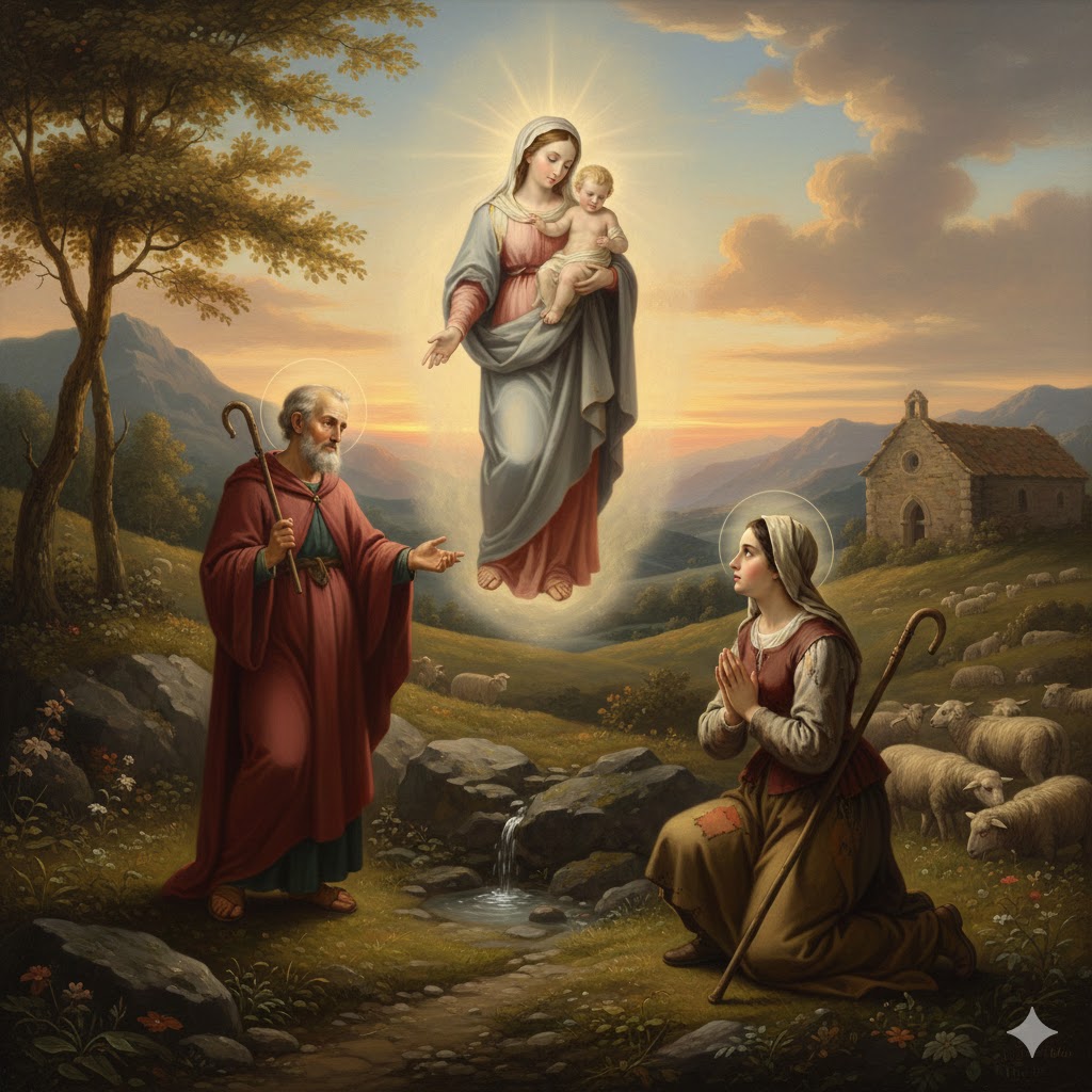 Illustration of the 1664 apparition of the Virgin Mary and Child to Benoite Rencurel and St. Maurice in Saint-Étienne-le-Laus.