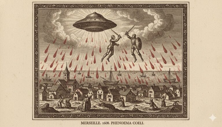 Historical woodcut-style illustration of the 1608 aerial duel and red rain sighting in Marseilles, France.