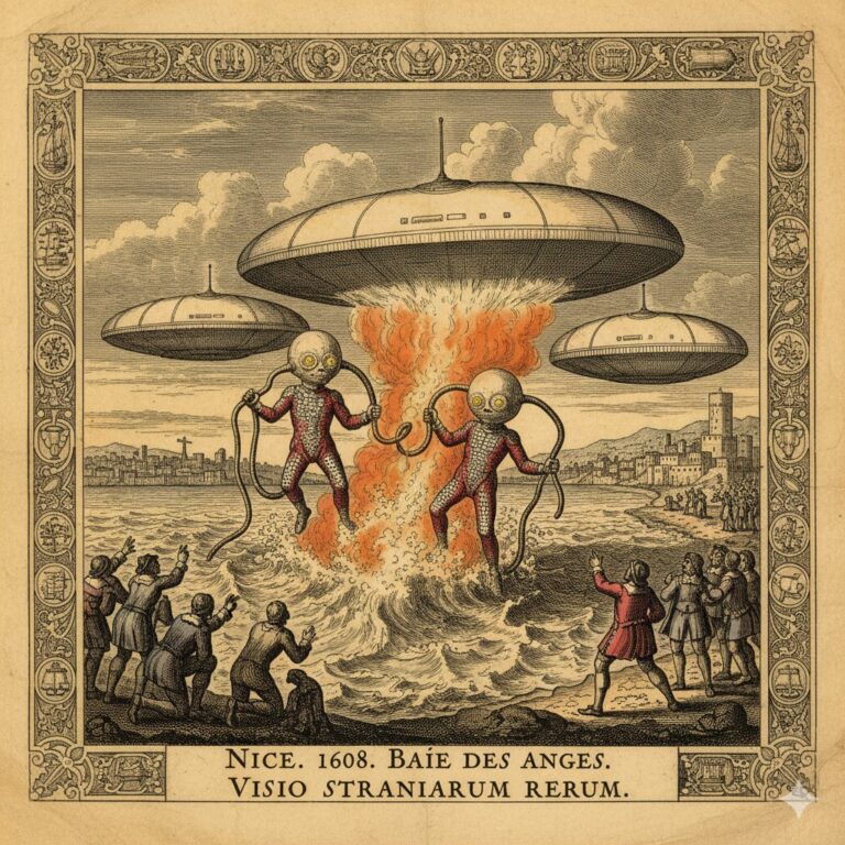 "Woodcut illustration of three oval UFOs and scaly humanoids in Baie des Anges, Nice, 1608"
