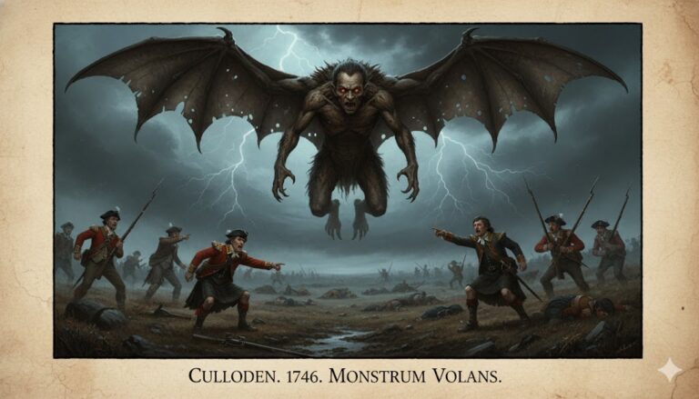 "Illustration of the 1746 sighting of a human-headed winged dragon over the Battle of Culloden, Scotland."