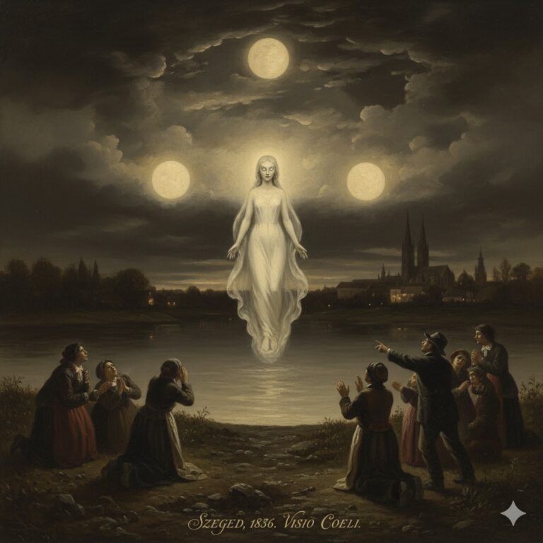 Historical-style painting of the 1836 Szeged sighting showing a luminous lady in white and three spherical lights above witnesses.