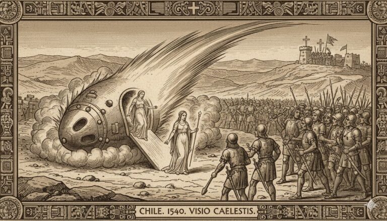 16th-century style woodcut of a comet landing in Chile with a woman in white appearing before soldiers