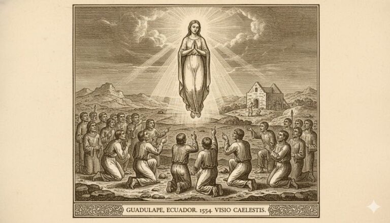Historical woodcut of the 1554 Marian vision in Guadalupe, Ecuador, showing a floating entity appearing before witnesses.