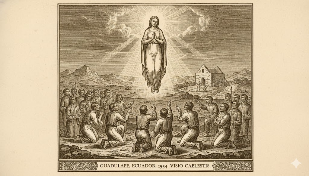Historical woodcut of the 1554 Marian vision in Guadalupe, Ecuador, showing a floating entity appearing before witnesses.