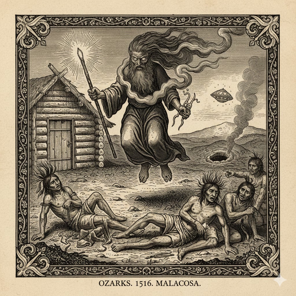 Historical woodcut of Malacosa, the bearded entity from the 1516 Ozarks sighting, appearing before Native American witnesses