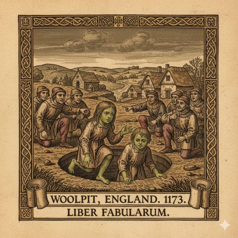 Historical woodcut of the Green Children of Woolpit emerging from a pit in 1173 England.