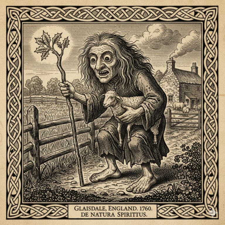 Historical woodcut of a goblin-like creature with a holly stick and sheep in 1760 Glaisdale, England.