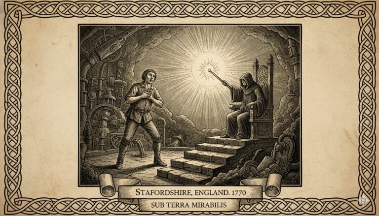 Historical woodcut of an 1770 underground encounter in Staffordshire, England, featuring a laborer and a hooded figure.