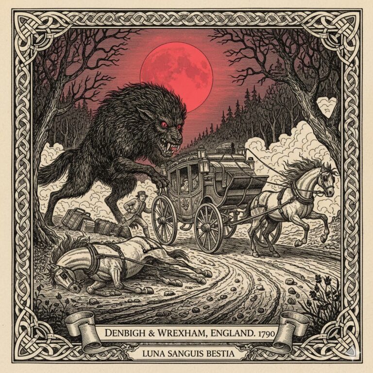 Historical woodcut of a black beast attacking a stagecoach under a red moon in 1790 England.