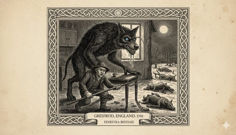 Historical woodcut of a blue-eyed wolf-like beast peering into a farmhouse in 1791 Gresford, England.
