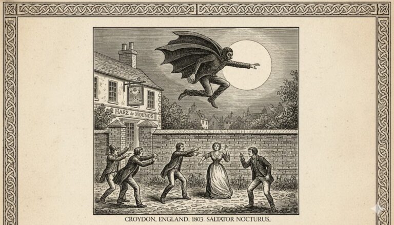 19th-century woodcut illustration of the 1803 Croydon entity leaping over a wall near the Hare and Hounds pub.