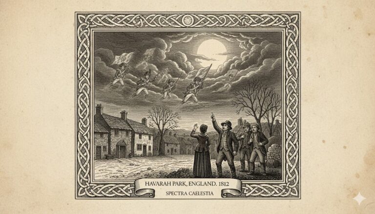 Historical woodcut of phantom soldiers marching through the sky over Havarah Park, England, 1812.