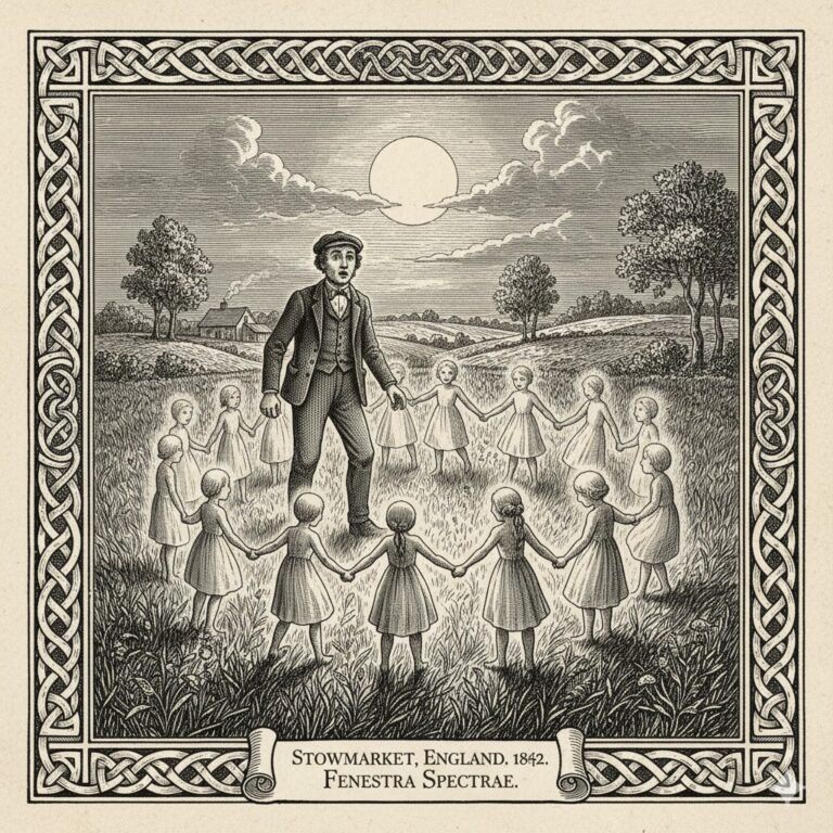 Historical woodcut of a man witnessing a ring of shadowy fairies in a meadow, Stowmarket, England, 1842