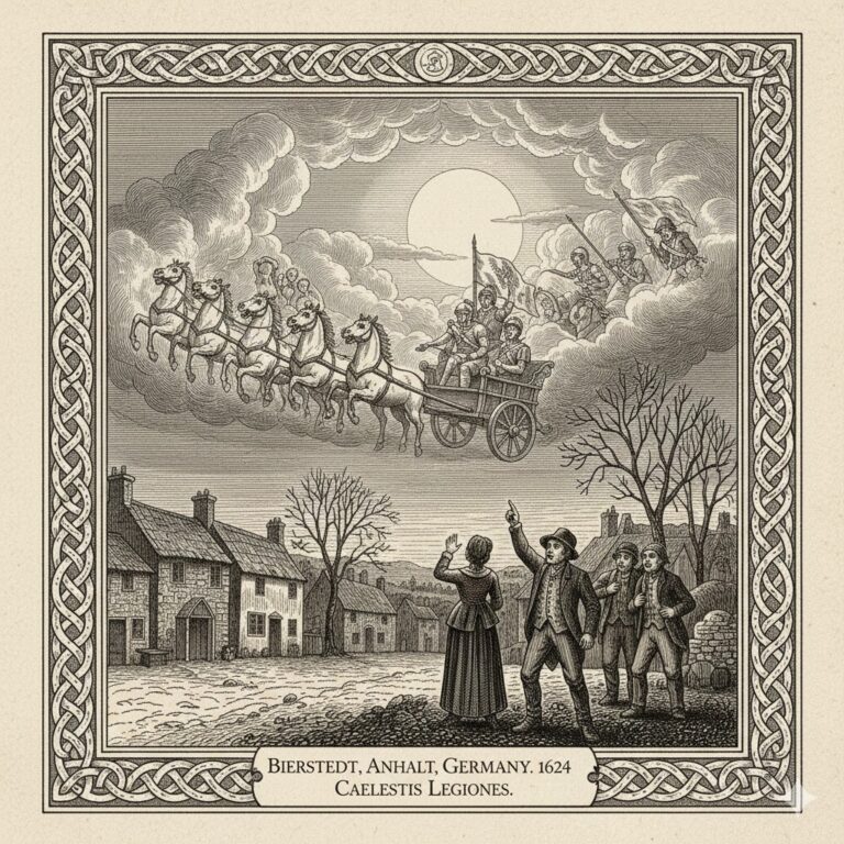 17th-century style woodcut of celestial chariots and soldiers appearing in the clouds over Bierstedt, Germany, 1624