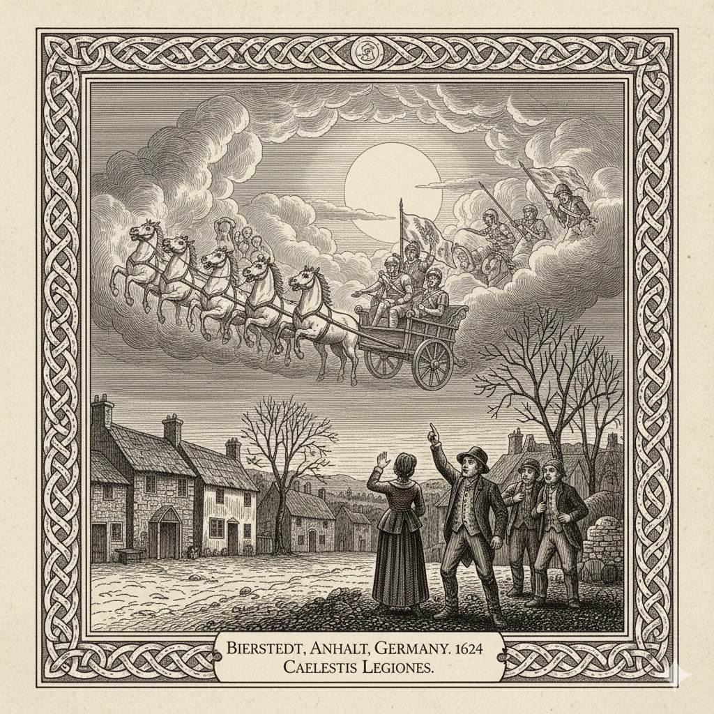 17th-century style woodcut of celestial chariots and soldiers appearing in the clouds over Bierstedt, Germany, 1624