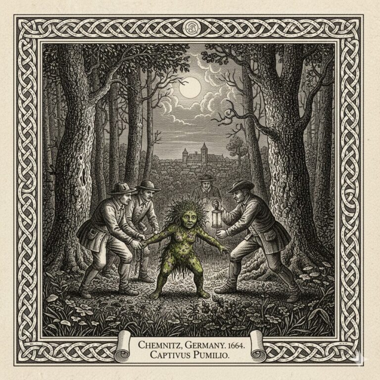 Historical woodcut of the capture of a 2-foot dwarf near Chemnitz, Germany, 1644.