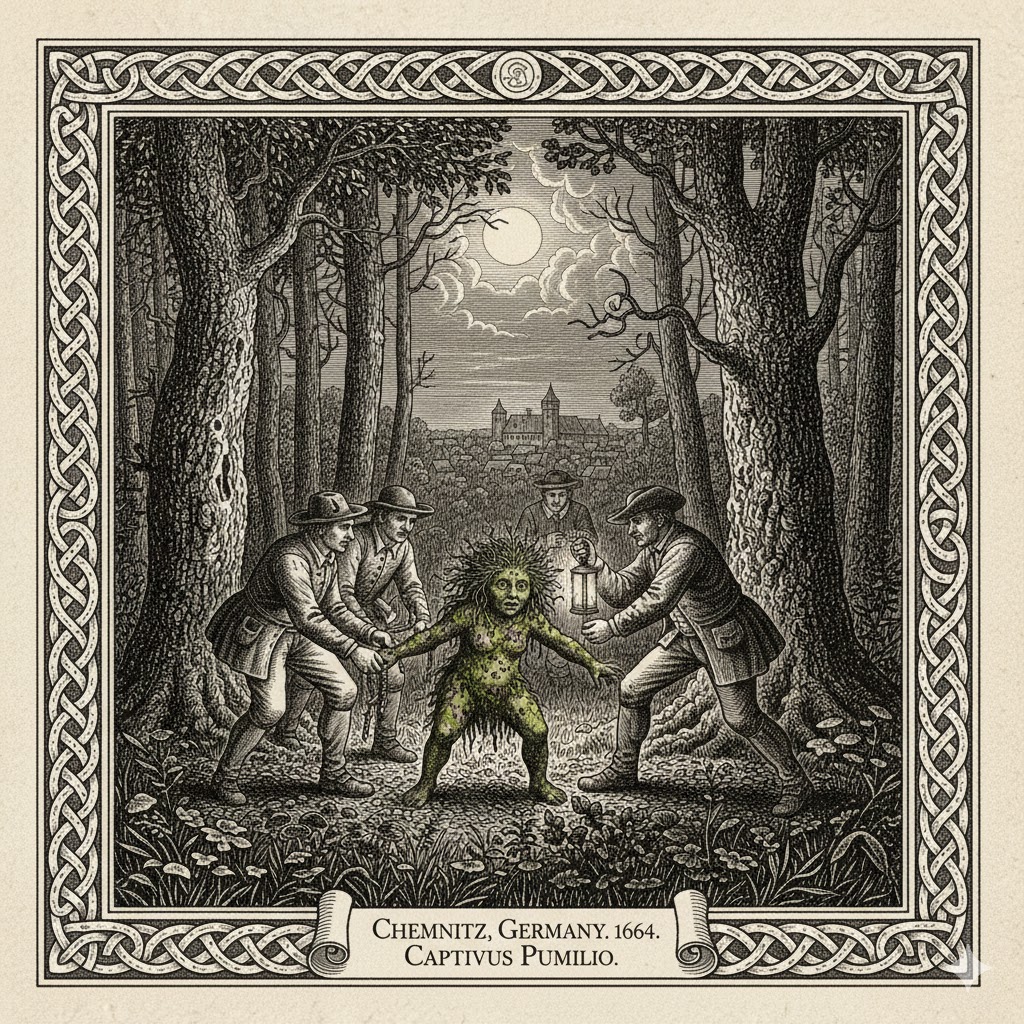 Historical woodcut of the capture of a 2-foot dwarf near Chemnitz, Germany, 1644.