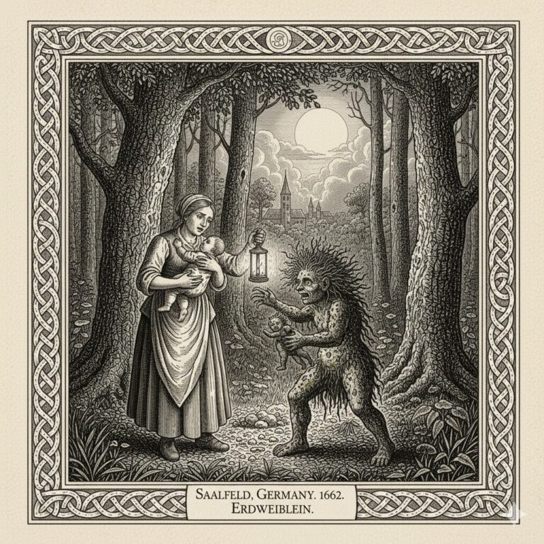 Historical woodcut of an 'earth-woman' humanoid encounter near Saalfeld, Germany, 1662.