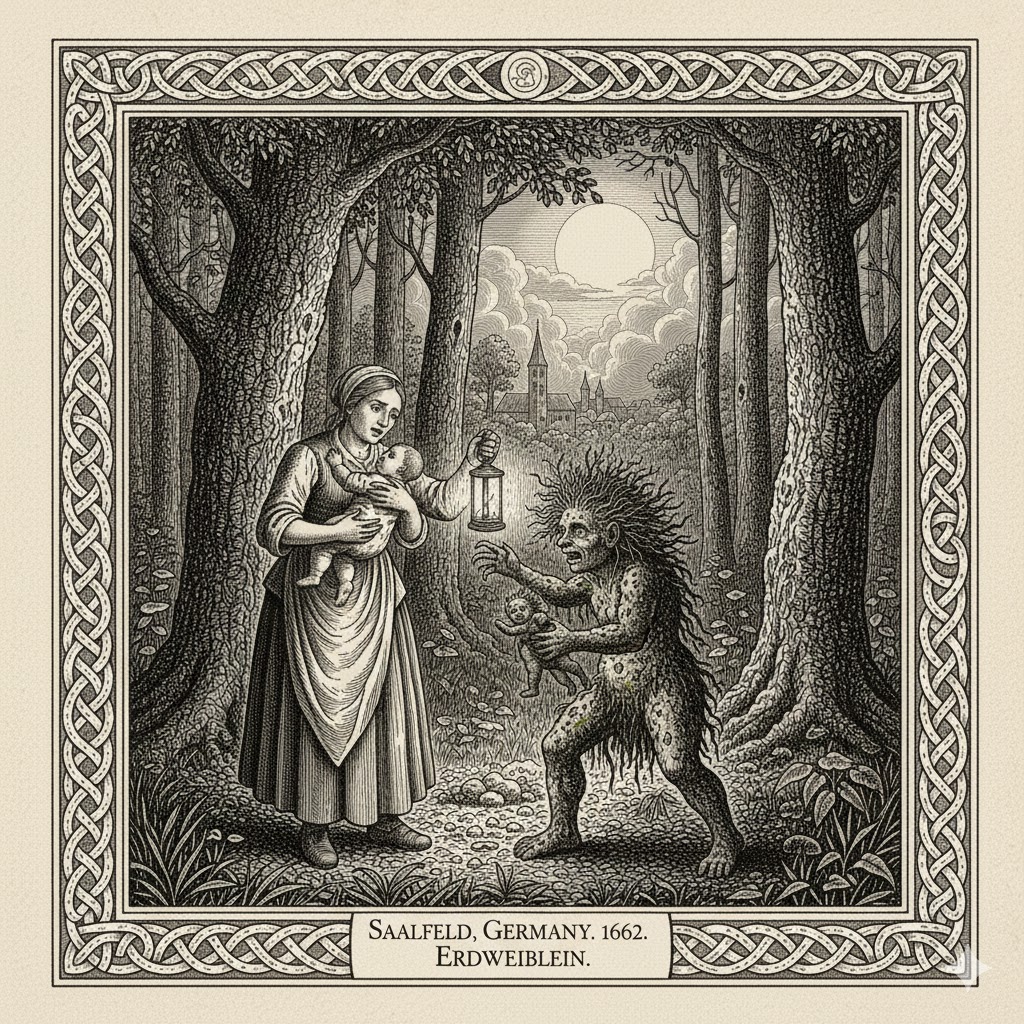 Historical woodcut of an 'earth-woman' humanoid encounter near Saalfeld, Germany, 1662.