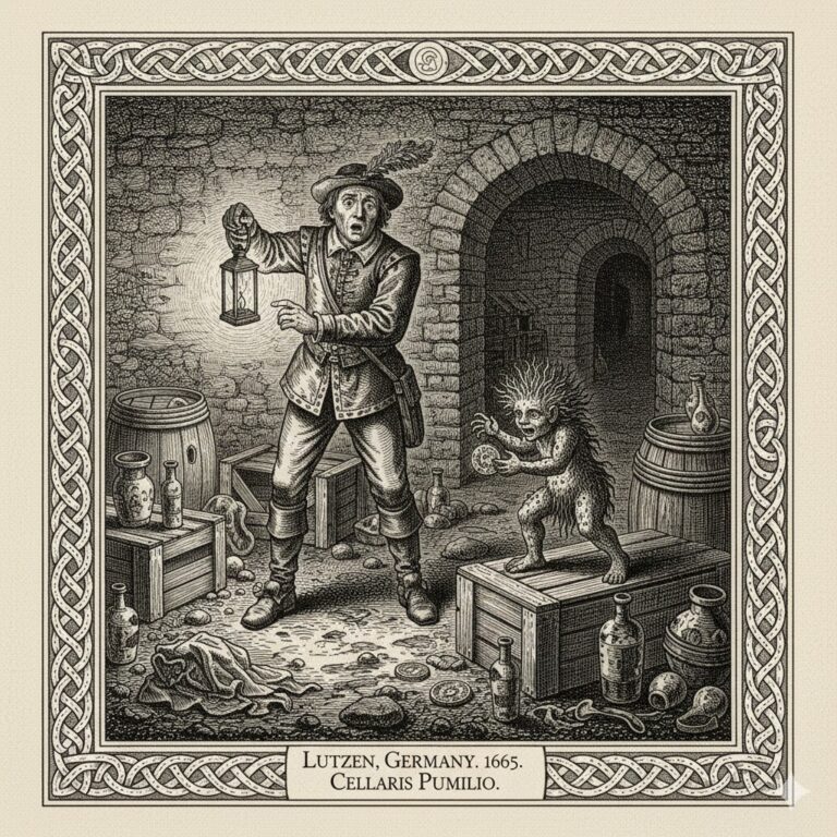 Historical woodcut of a tiny cellar humanoid discovered in Lutzen, Germany, 1665.