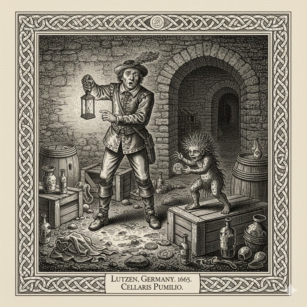 Historical woodcut of a tiny cellar humanoid discovered in Lutzen, Germany, 1665.