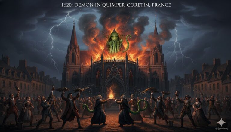 Illustration of the 1620 Quimper Cathedral fire and green demon entity.