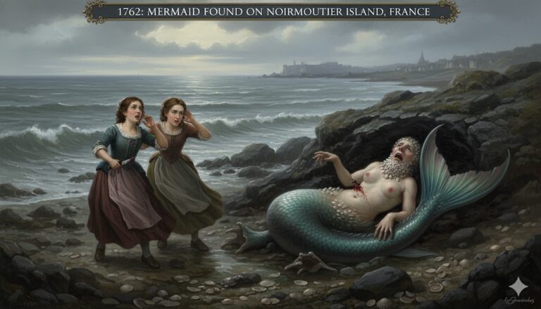 Illustration of the 1762 mermaid encounter on Noirmoutier Island, France.