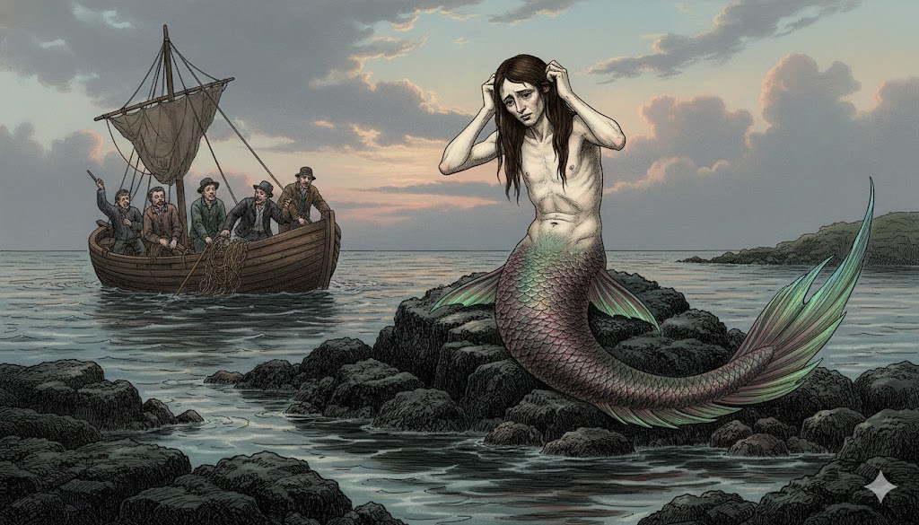Detailed illustration of the 1811 Corphine mermaid sighting in Kintyre, Scotland