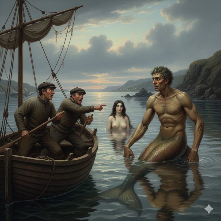A 19th-century style illustration of the 1814 Portgordon mermaid sighting, showing two Scottish fishermen in a small boat observing a swarthy merman and a long-haired mermaid near the rocky shoreline.