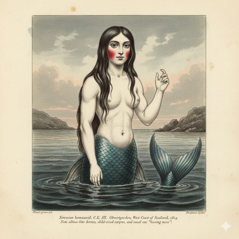 A 19th-century style illustration of the 1814 West Coast of Scotland mermaid sighting, depicting a creature with white skin, long dark hair, and child-sized hands as described by historical witnesses.