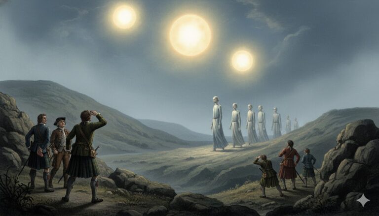 A historical-style illustration of the 1748 Culloden UFO sighting, showing three glowing globes of light in the sky above the Scottish Highlands with twelve tall men in bright attire walking across the valley as witnesses look on.