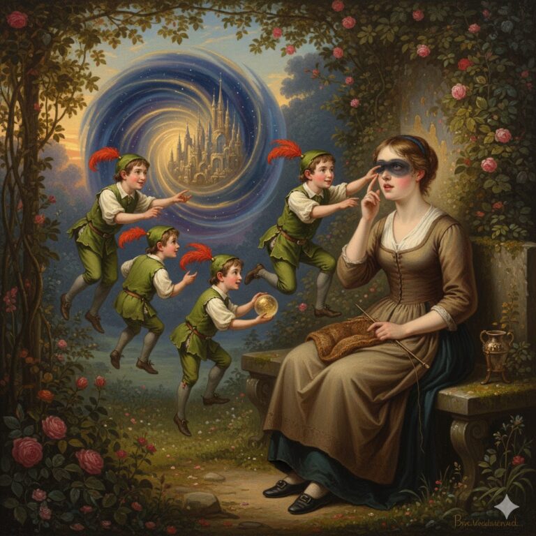 Historical-style painting of the 1800 Colonsay Island abduction, showing a woman in a rose arbor surrounded by six small men in green with red feathers, with a shimmering dimensional portal in the background