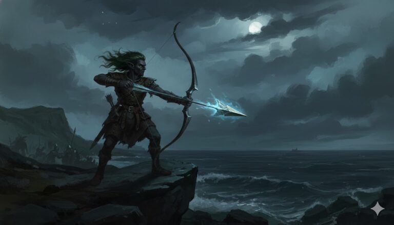 Dramatic illustration of Du-Sith, the 1598 Black Elf of Trei-Gruinard, aiming a glowing Elf-bolt arrow on a rocky Scottish coastline under a full moon.