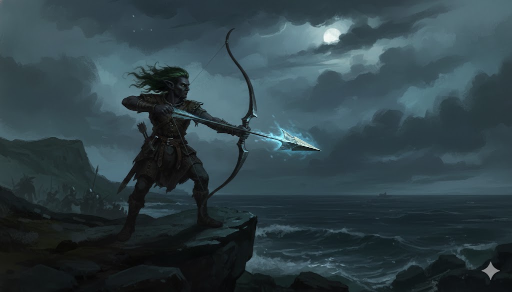 Dramatic illustration of Du-Sith, the 1598 Black Elf of Trei-Gruinard, aiming a glowing Elf-bolt arrow on a rocky Scottish coastline under a full moon.